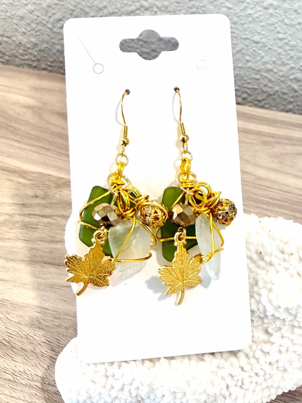 131. Gold Leaf Drop Earrings with Green and White Sea glass